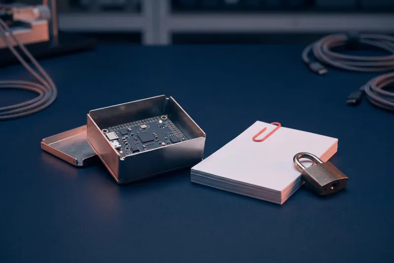 Electronic board in a shielding case, with documents and a padlock