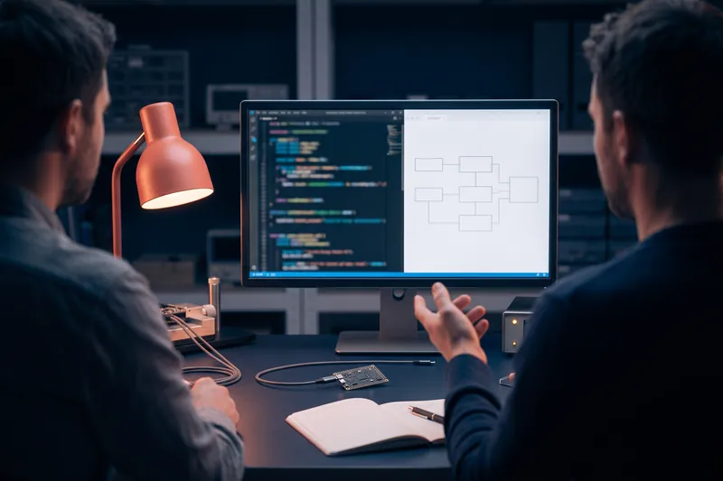 Two engineers reviewing code and a schematic