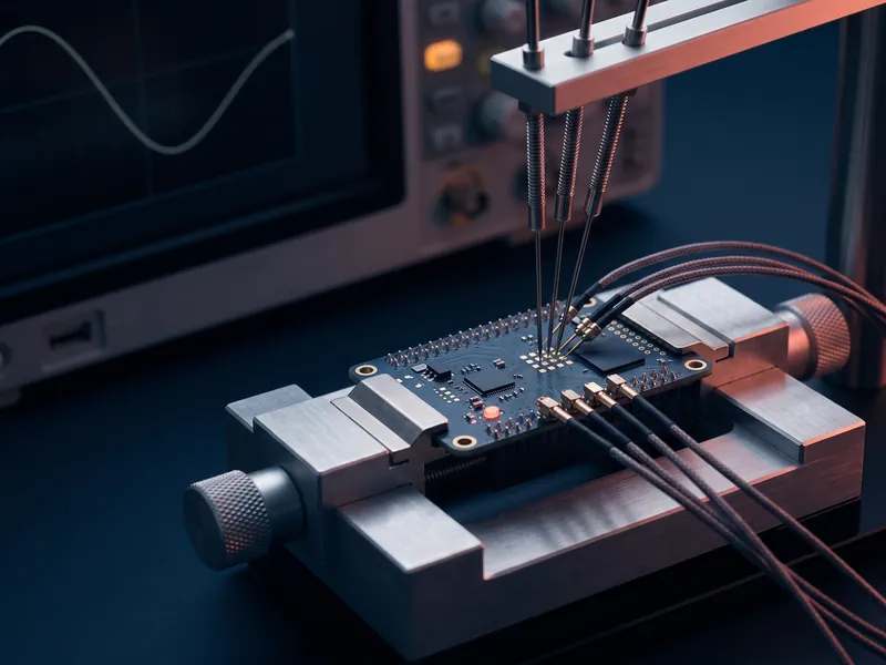Test bench: an electronic board probed by test pins, connected to a measuring instrument
