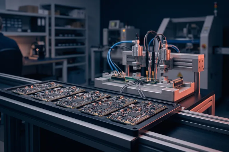 Electronic boards in series in front of a production test bench