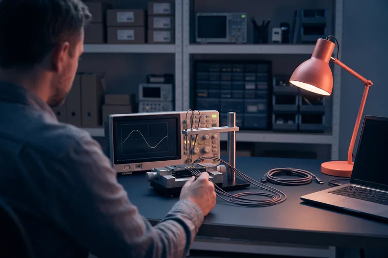 Electronics engineer's workstation with a test bench and an oscilloscope