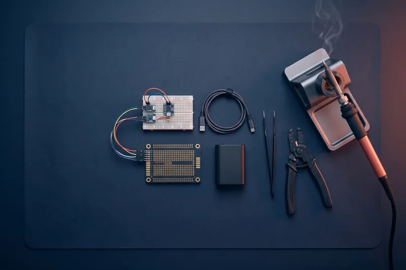 Workbench with an electronic prototype and its tools