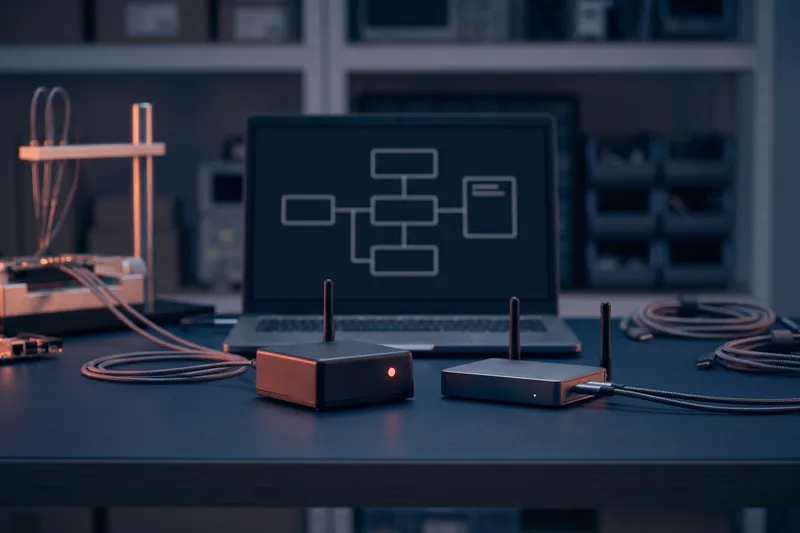Connected device and radio gateway in front of an architecture diagram
